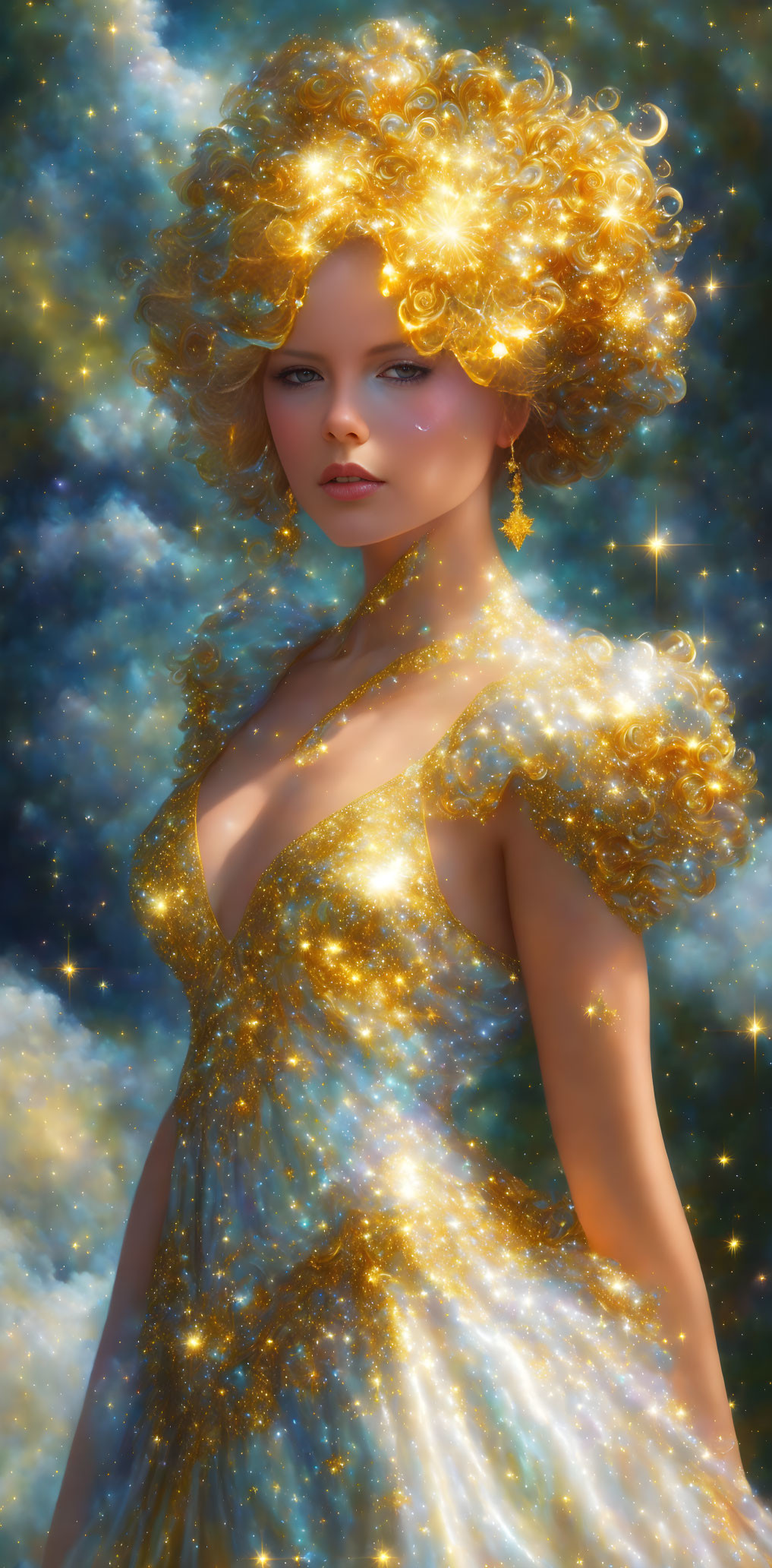 Golden-haired woman in sparkly dress against starry backdrop