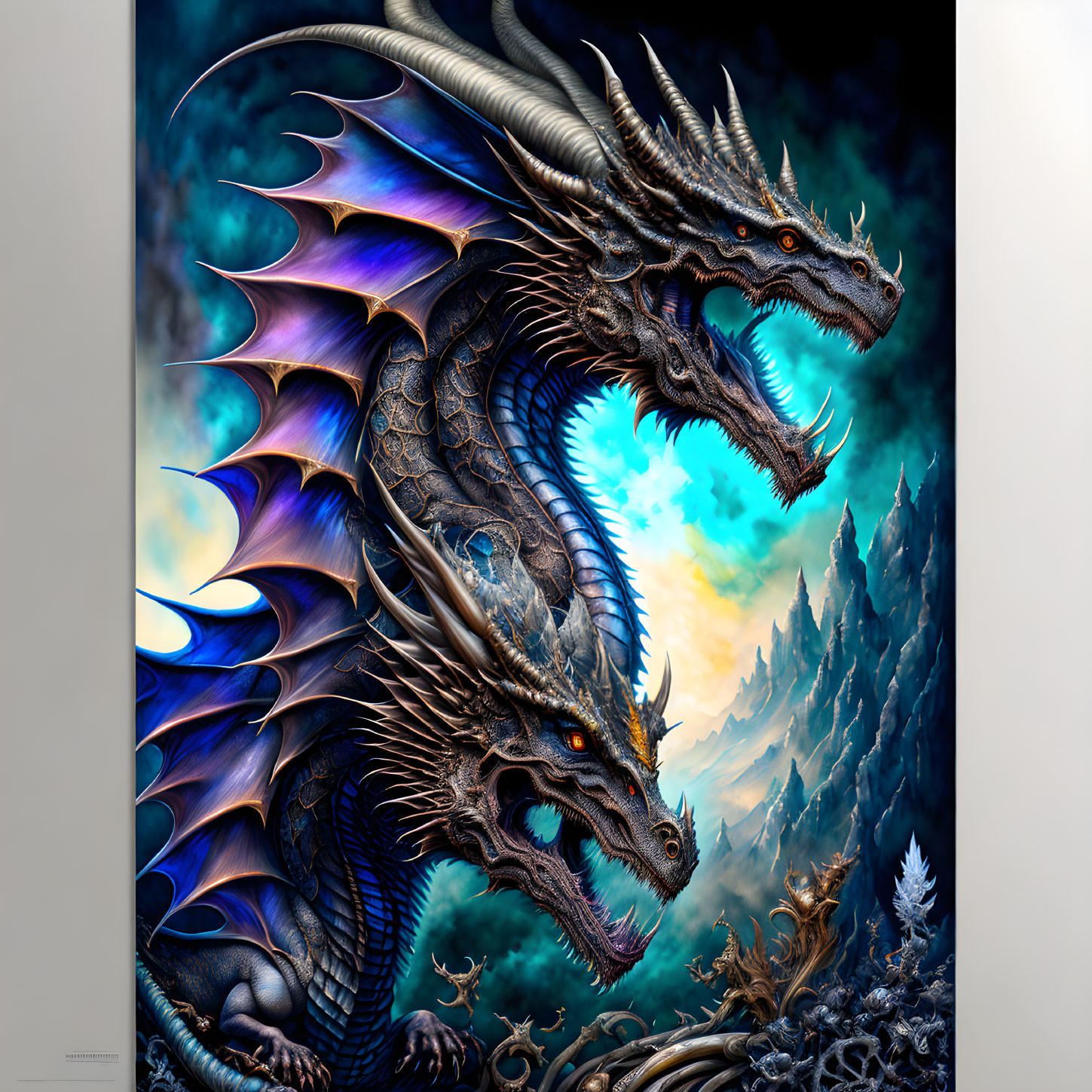 Iridescent-winged two-headed dragon in mountain landscape