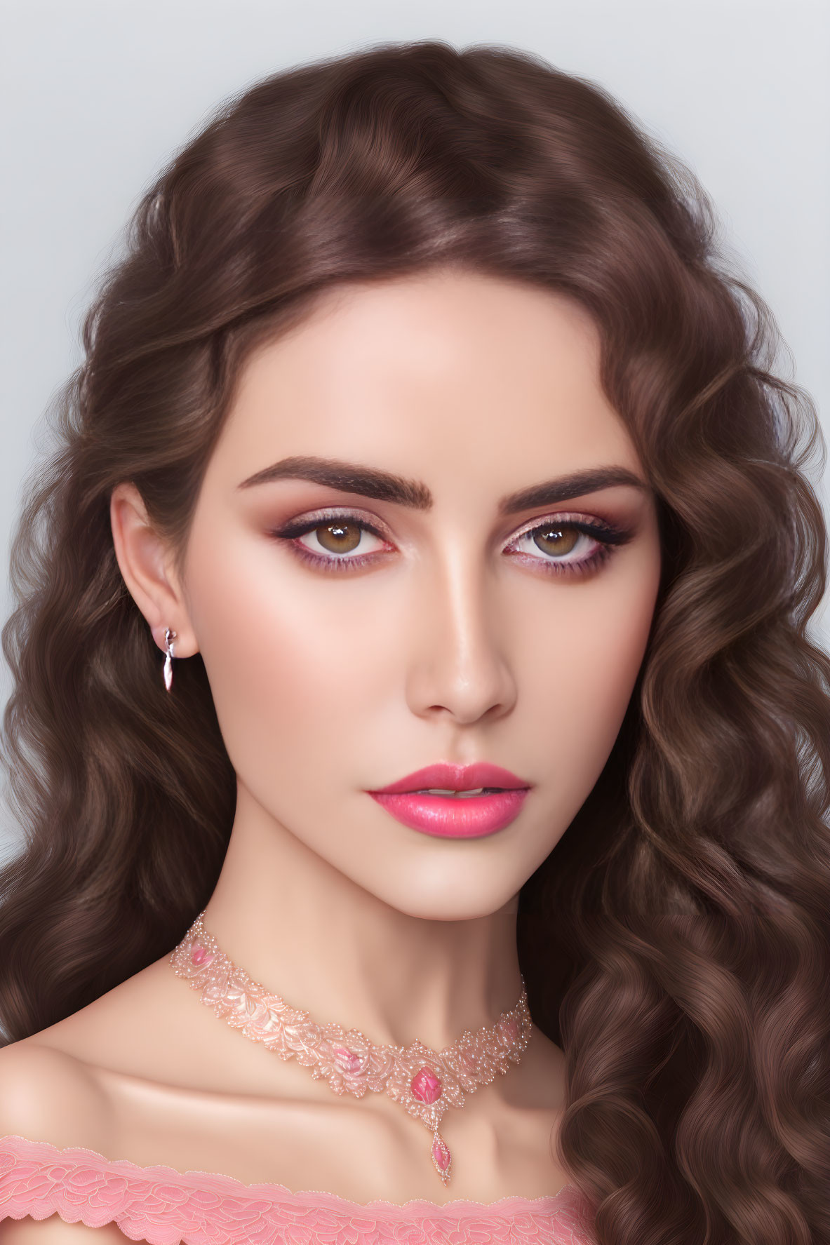 Digital portrait: Woman with wavy brown hair, winged eyeliner, pink outfit, lace ch