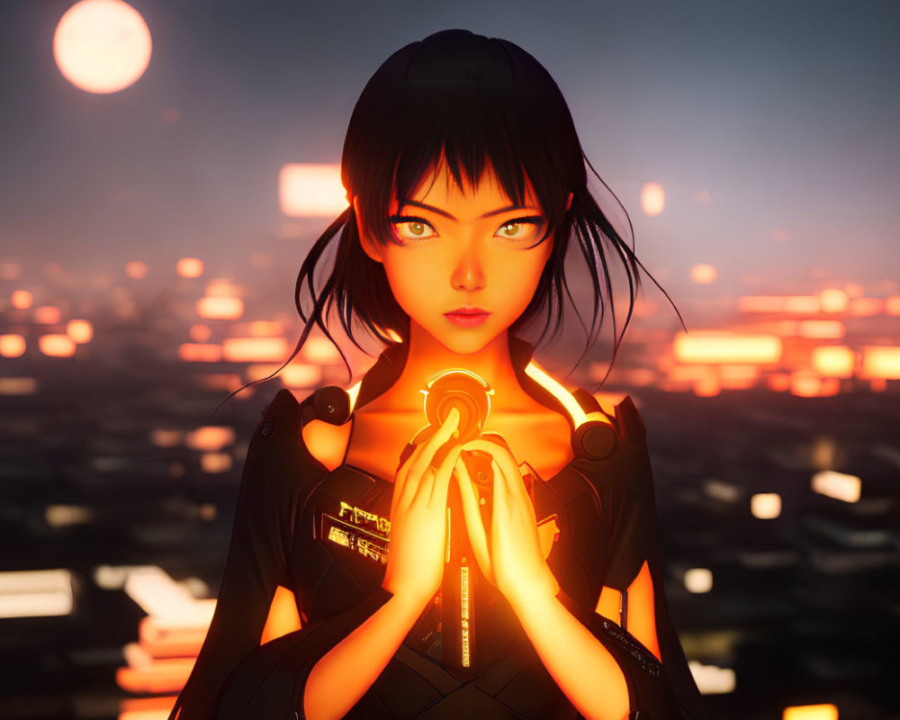 Animated female character with short black hair holding glowing sphere in futuristic cityscape at sunset