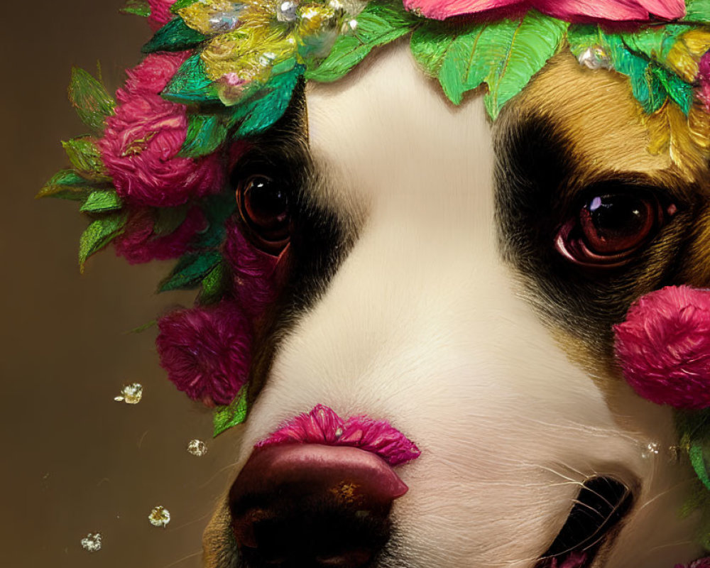 Colorful Floral Wreath Adorns Dog's Close-Up Portrait