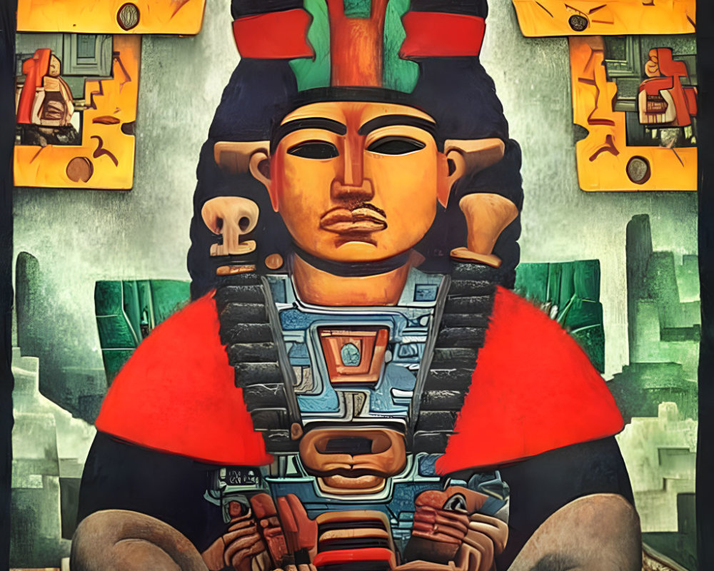 Vibrant depiction of Mesoamerican deity with ornate headdress and jewelry.