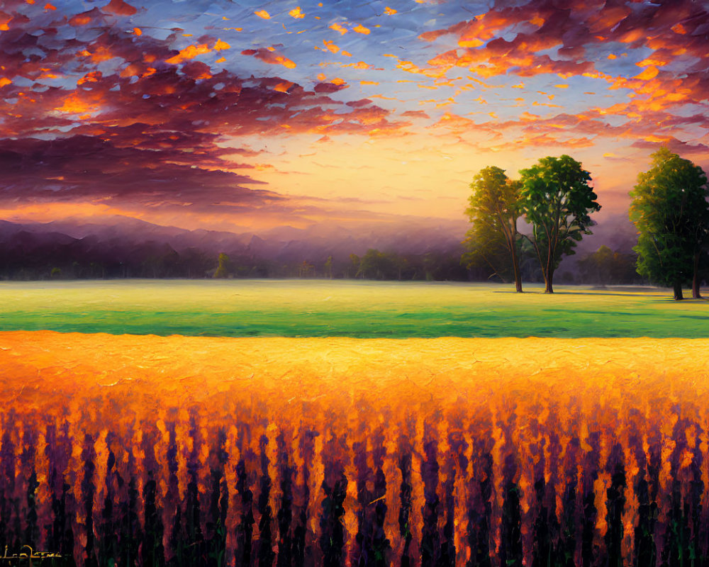 Golden field under dramatic sunset with dark trees - Vibrant landscape painting