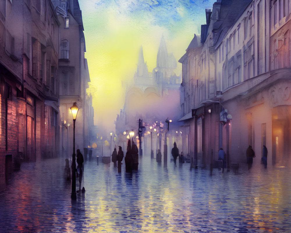 European Street Scene at Dusk with Silhouettes and Cathedral