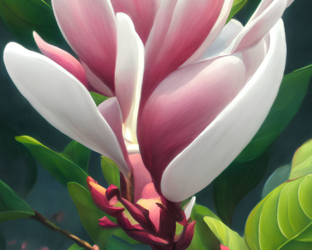 Colorful magnolia flower illustration with green leaves and buds.