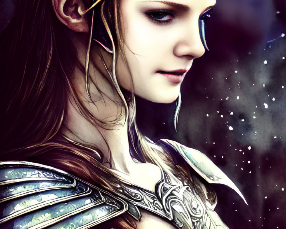 Elven woman in detailed fantasy armor against starry backdrop