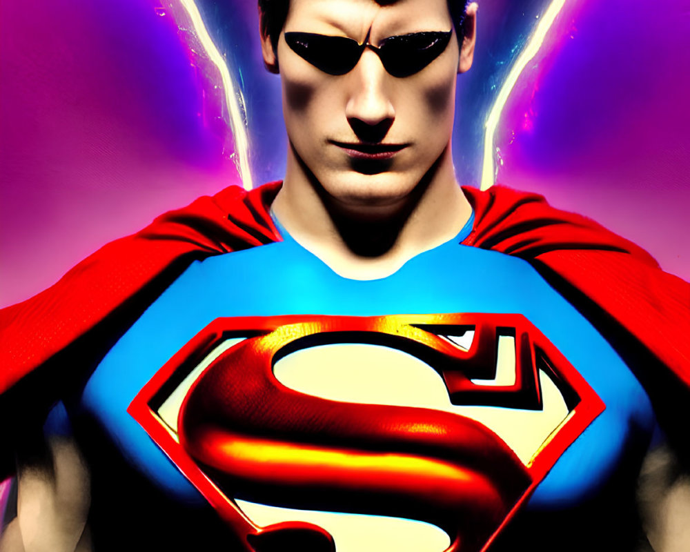 Stylized Superman image in vivid blue suit on purple background