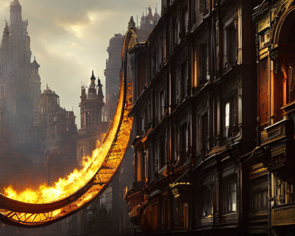 Gothic architecture and fiery dragon in fantastical cityscape