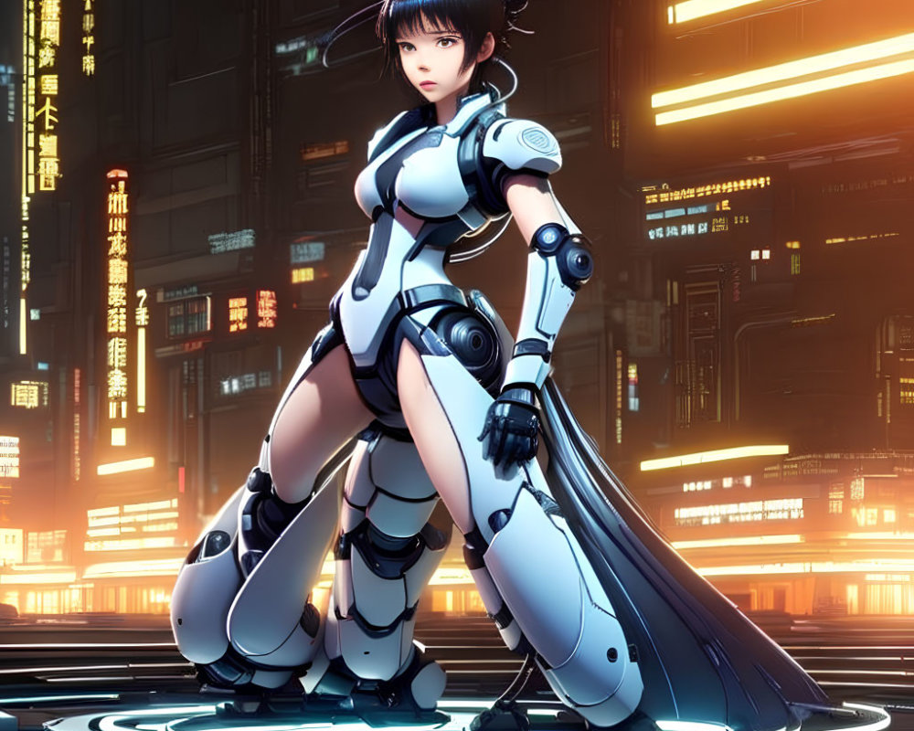 Futuristic female character with twin buns and sci-fi armor in neon-lit cyberpunk city