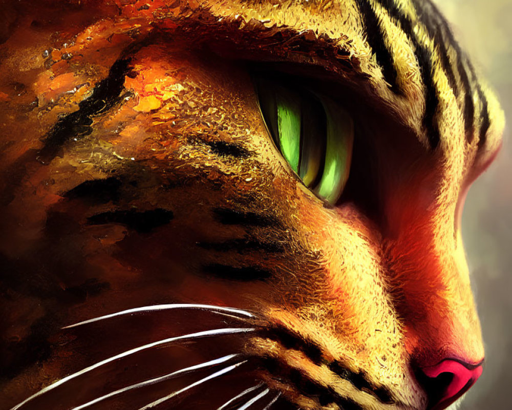 Detailed digital painting of an orange tabby cat with green eyes