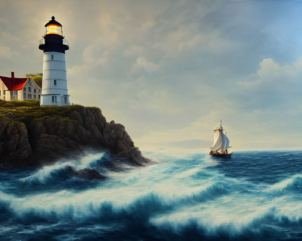 Rocky cliffs lighthouse, house, sailboat, turbulent sea, cloudy sky