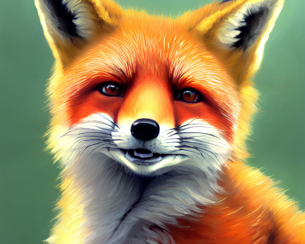 Detailed red fox digital painting with bright orange fur and captivating eyes on soft green backdrop