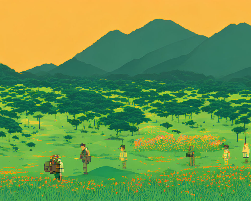 Tranquil meadow with flowers, people, robots, mountains, amber sky