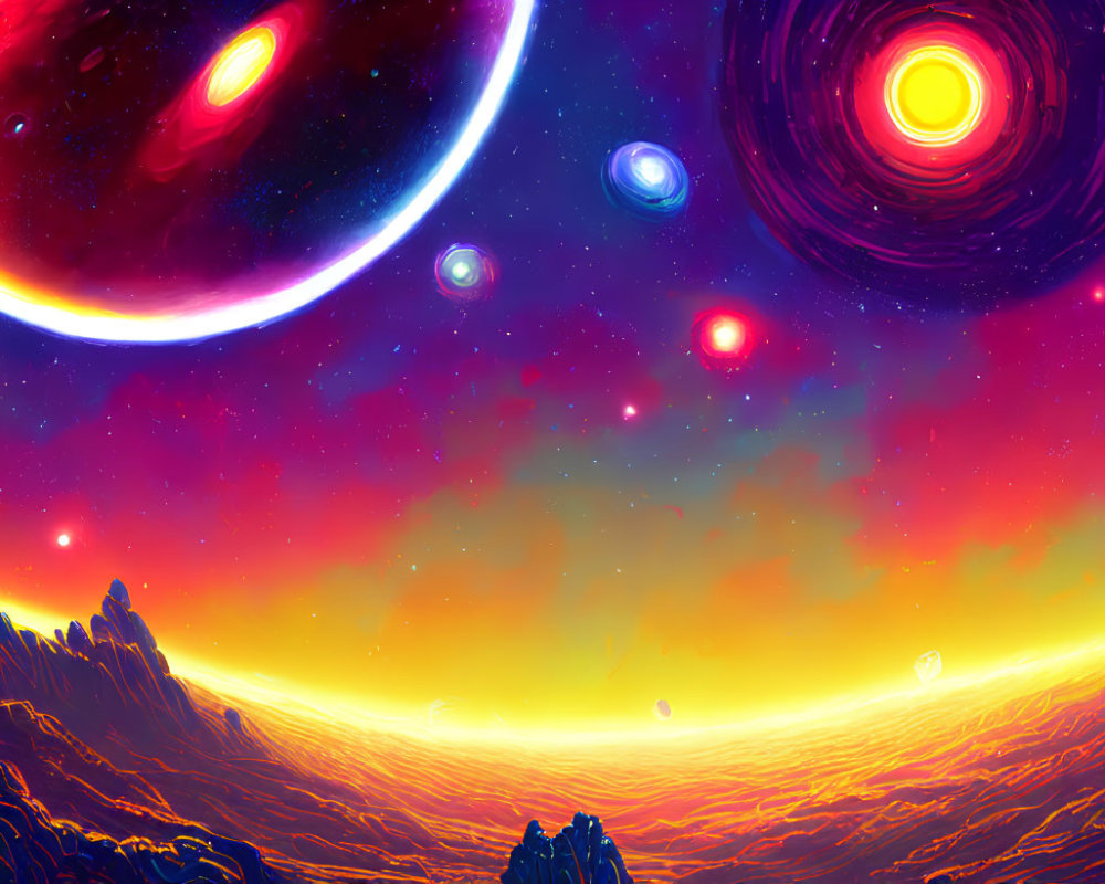 Colorful Cosmic Illustration: Planets, Stars, & Alien Landscape