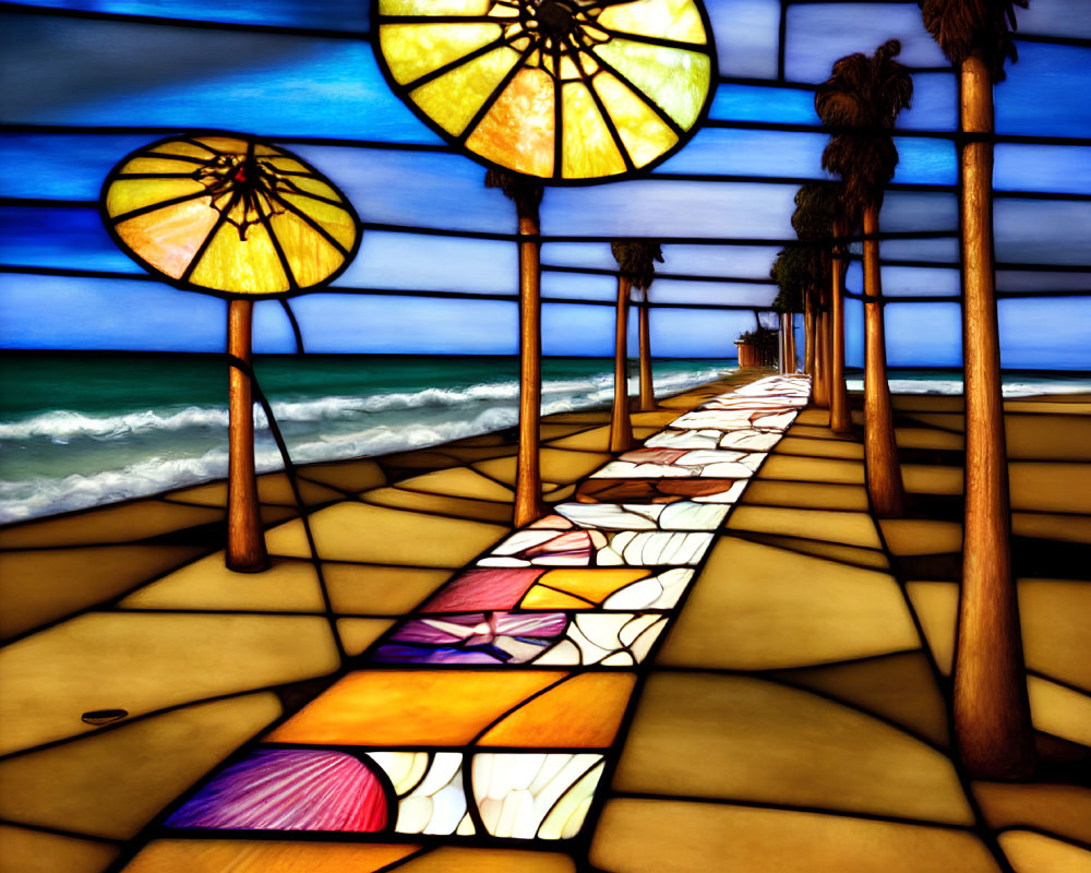 Colorful Stained Glass Artwork of Beach Scene