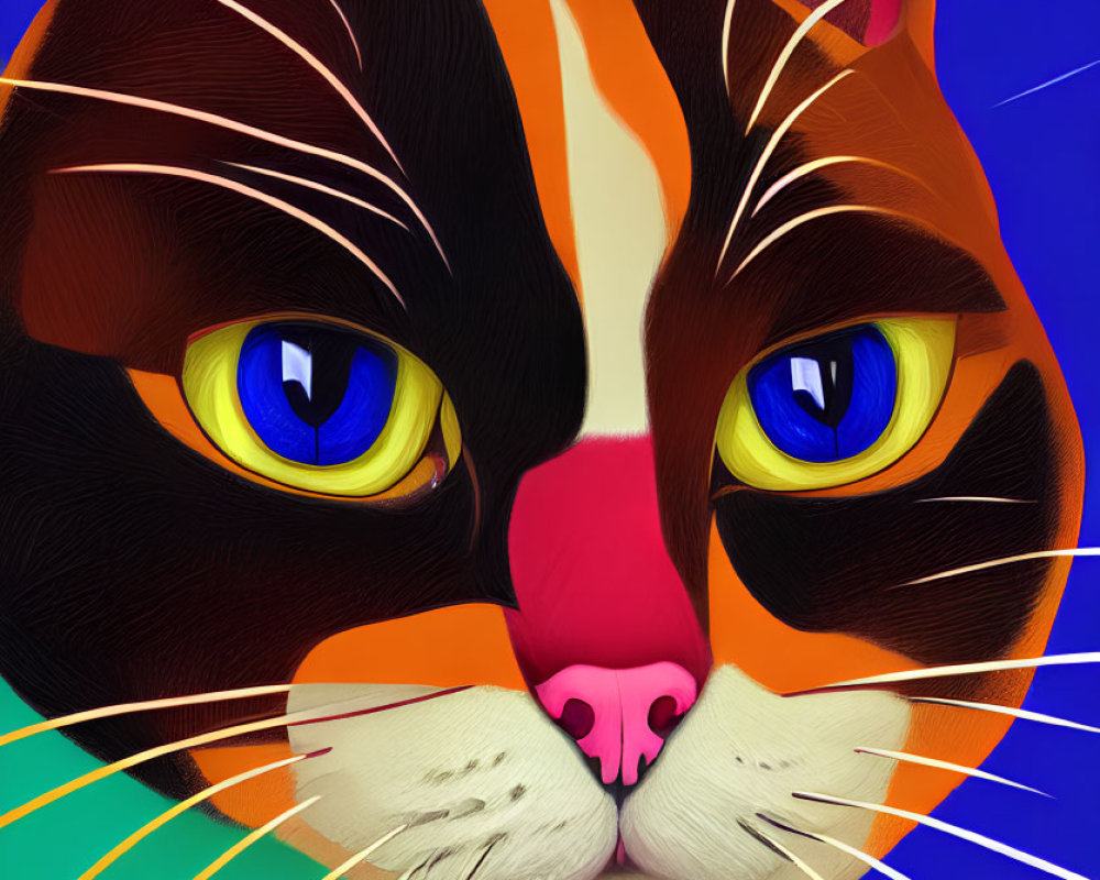 Colorful digital art: stylized cat with yellow eyes on blue background