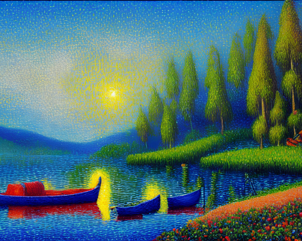 Colorful Lakeside Sunset Painting with Boats, Trees, Flowers, and Pointillist Style