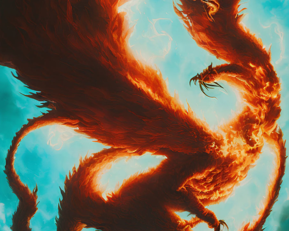 Majestic fiery dragon in mid-air against vibrant teal sky