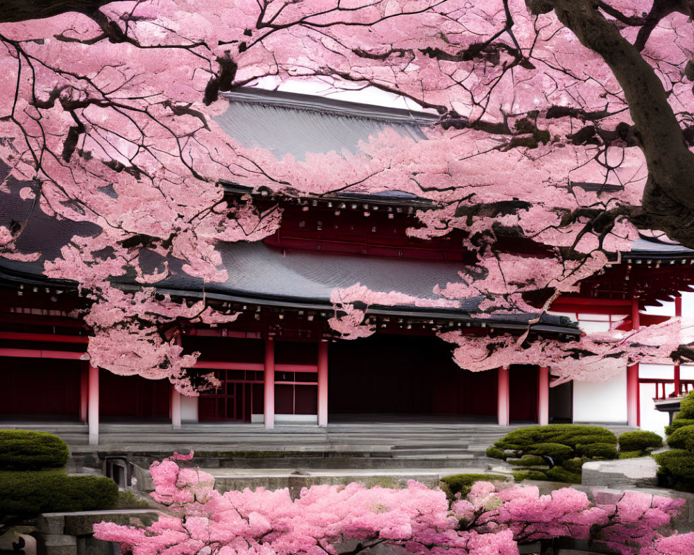 Japanese Temple with Red Structures Amid Pink Cherry Blossoms