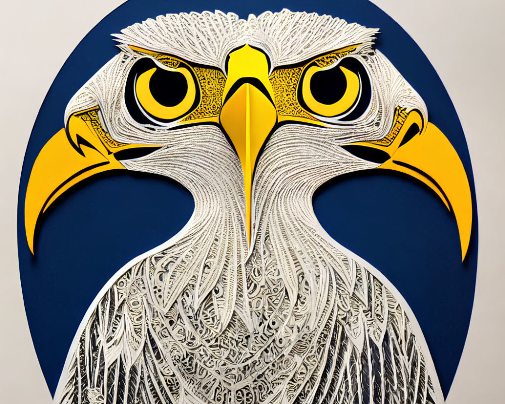 Detailed Paper Cut Art of Eagle's Head with Yellow Eyes and Intricate Patterns on Blue Background