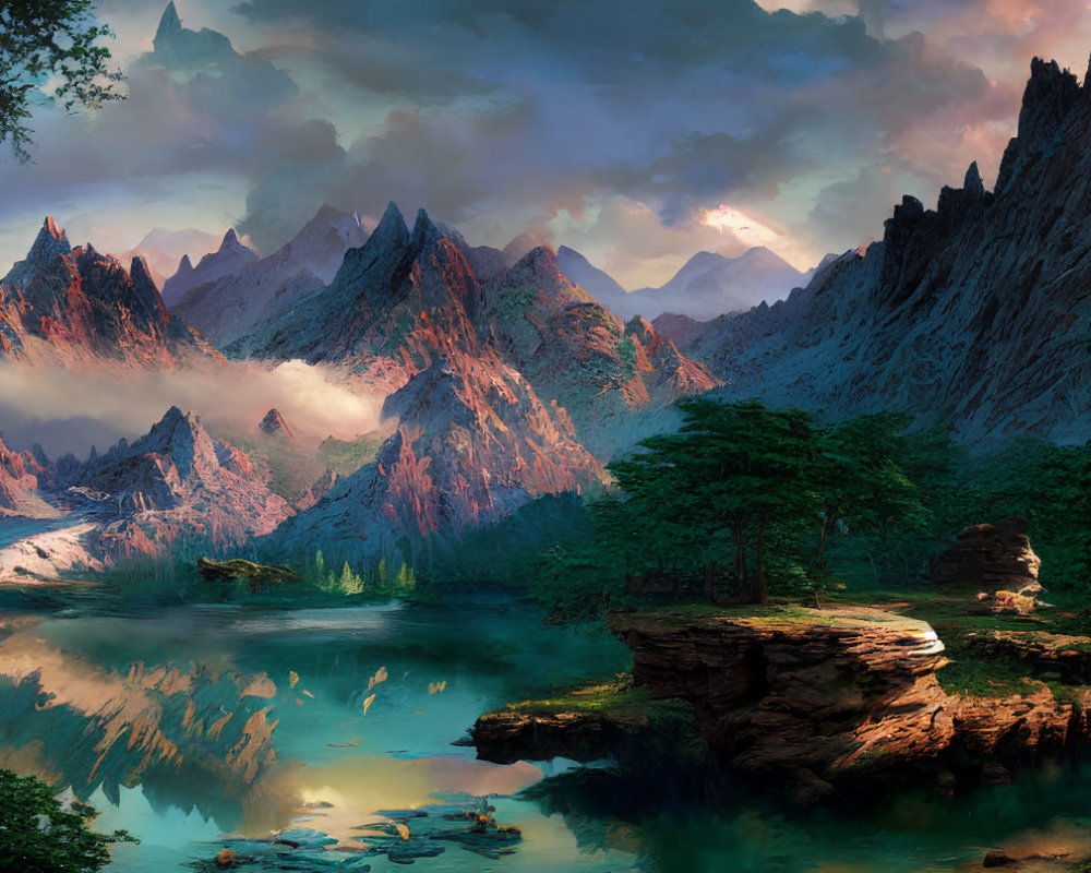 Majestic mountains and lush forest reflected in serene lake at dawn or dusk