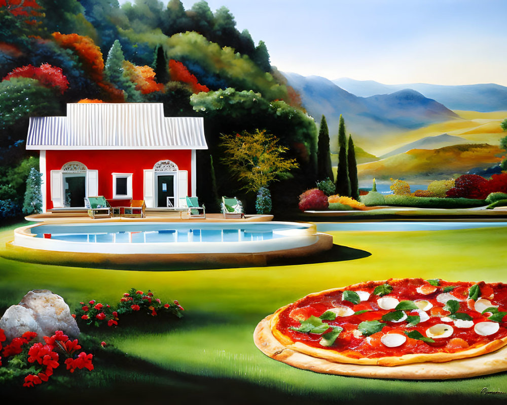 Colorful painting of house with red roof, pool, hills, and pizza.