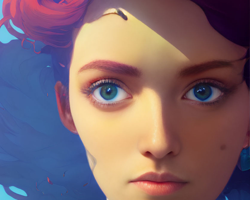 Digital portrait of woman with purple headband, red hair, blue eyes, and blue splashes