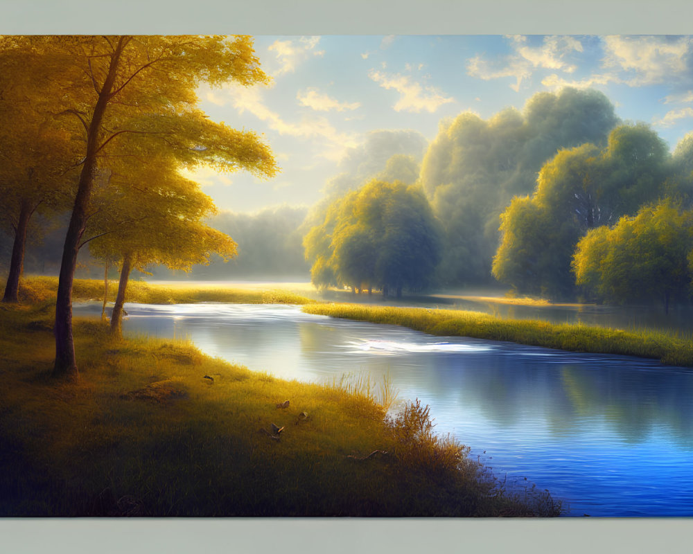 Tranquil River Landscape in Sunlit Forest