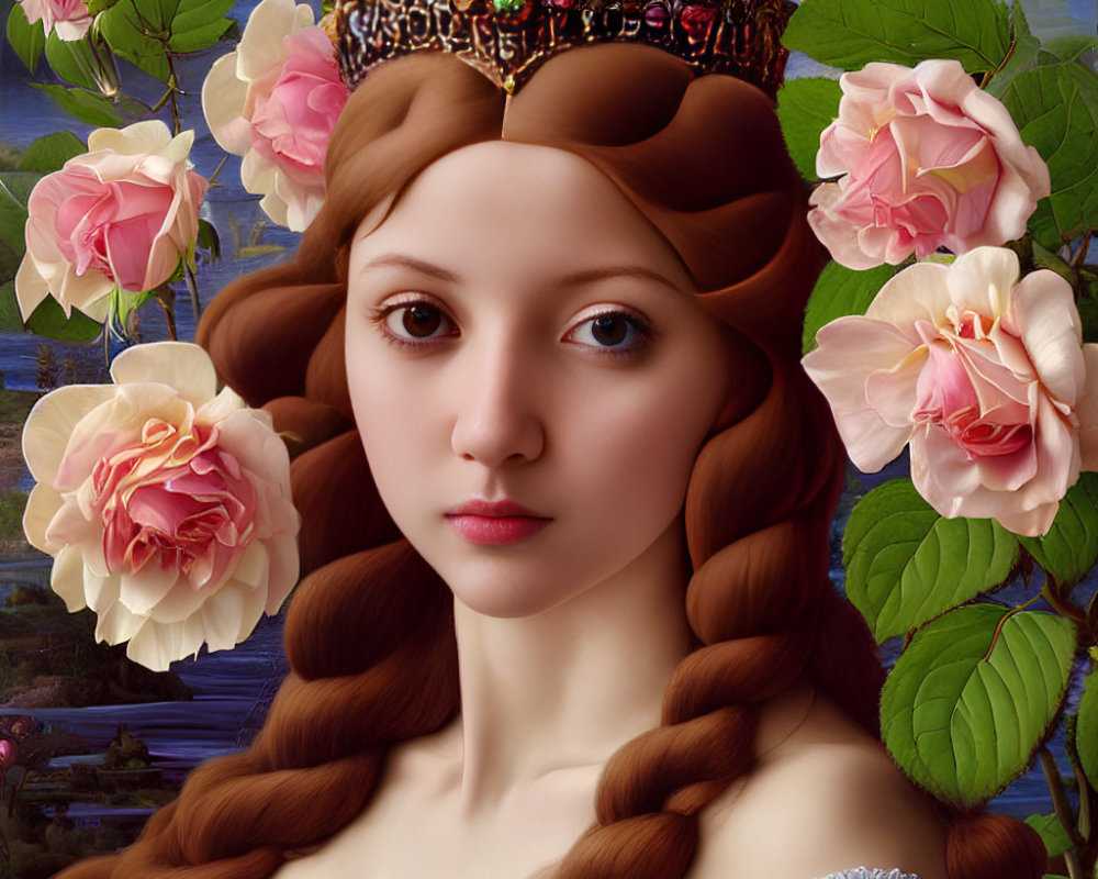 Portrait of Young Woman with Braided Hair and Crown Surrounded by Pink Roses on Blue Sky Background