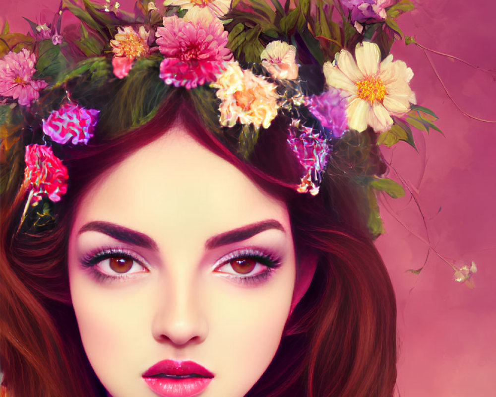 Vibrant digital portrait of a woman with red hair and floral crown on pink background