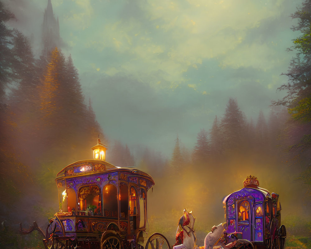 Ornate horse-drawn carriages on forest path with soft sunlight and mist