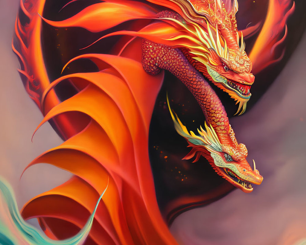 Fiery dragon with golden horns and scales in red, orange, and gold swirls