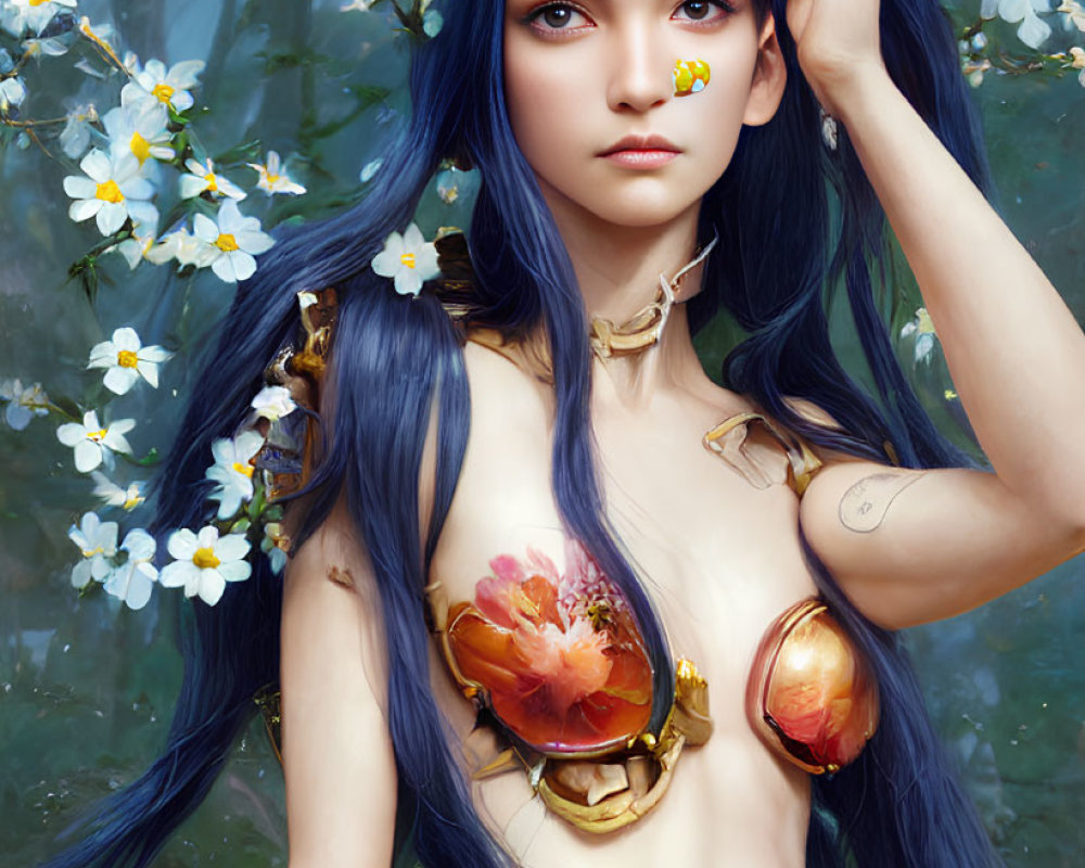 Digital illustration of woman with blue hair, golden armor, and floral backdrop