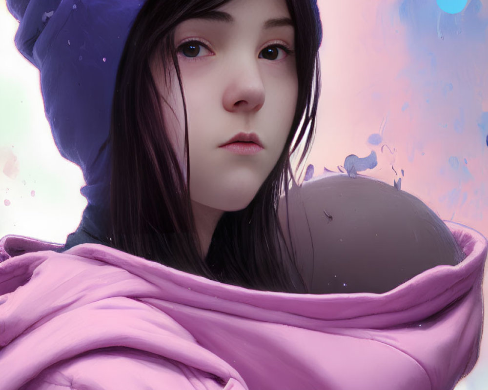 Digital artwork: Young girl in purple jacket on pink & blue background