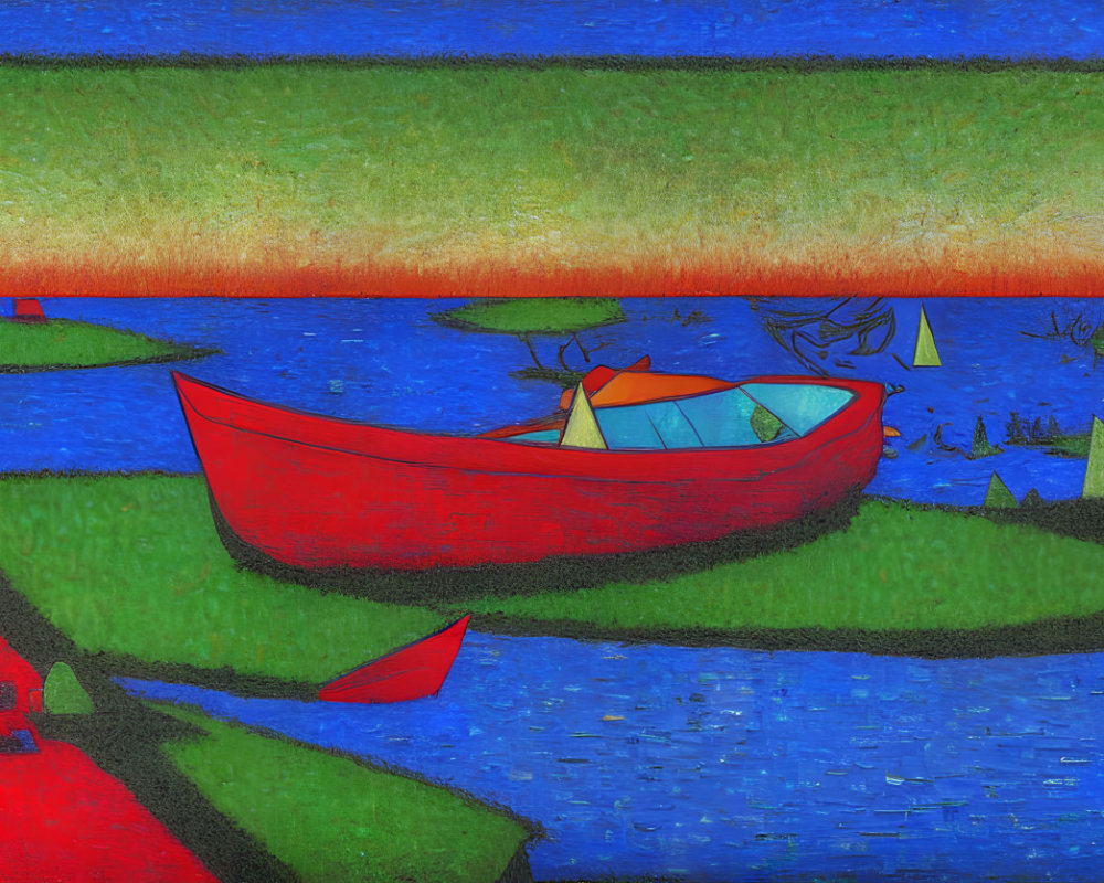 Vibrant abstract painting with red boat on blue water