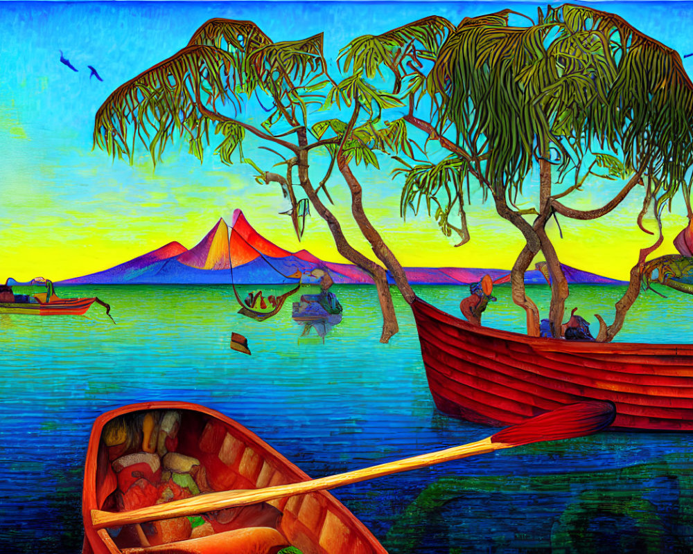 Colorful coastal painting with boats, volcano, bird, and foliage