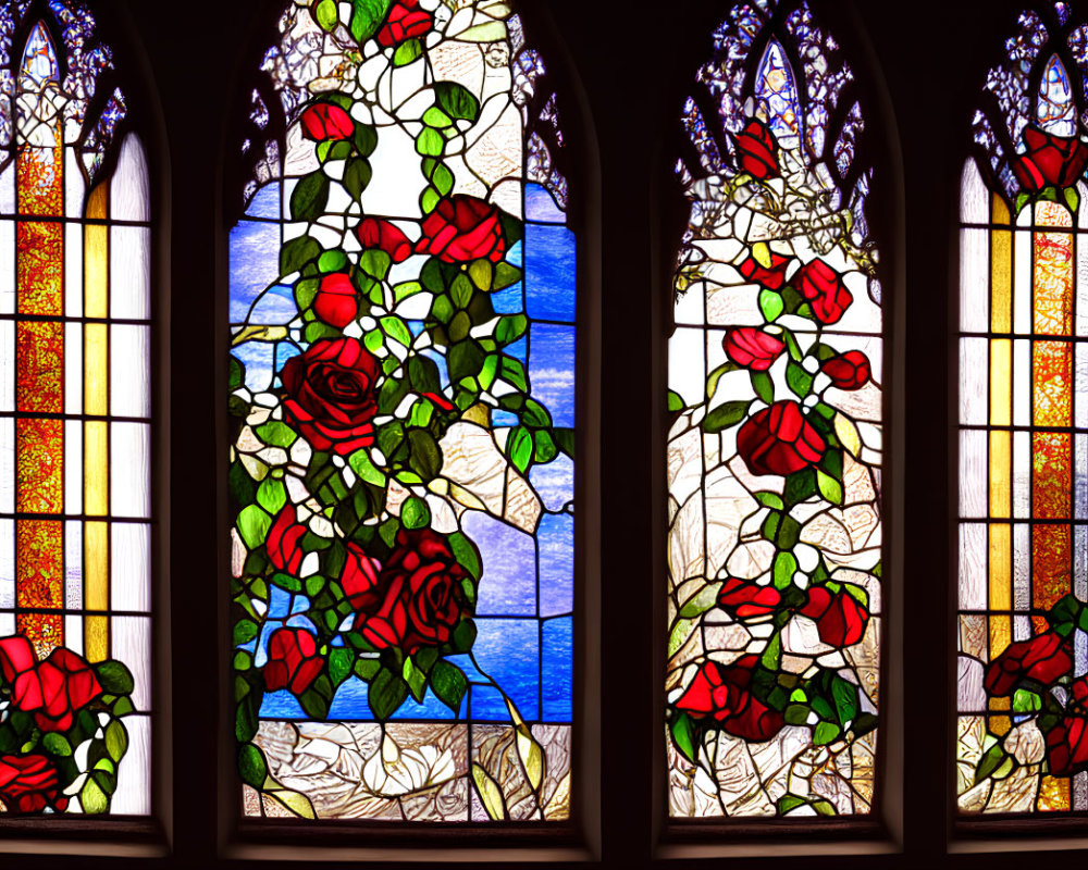 Vibrant red roses and green foliage in Gothic arch frames