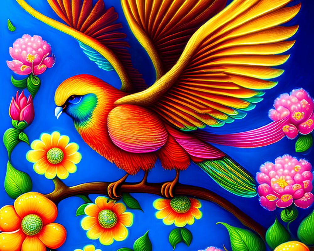 Colorful Stylized Bird Illustration Perched on Branch with Exotic Flowers