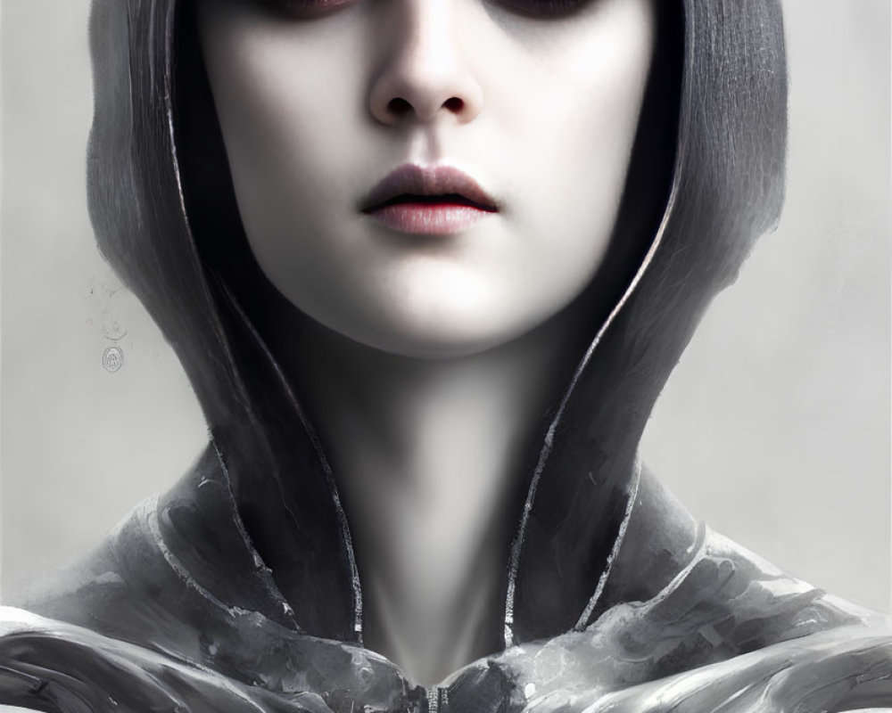 Serious person in grey hooded cloak with armor-like details