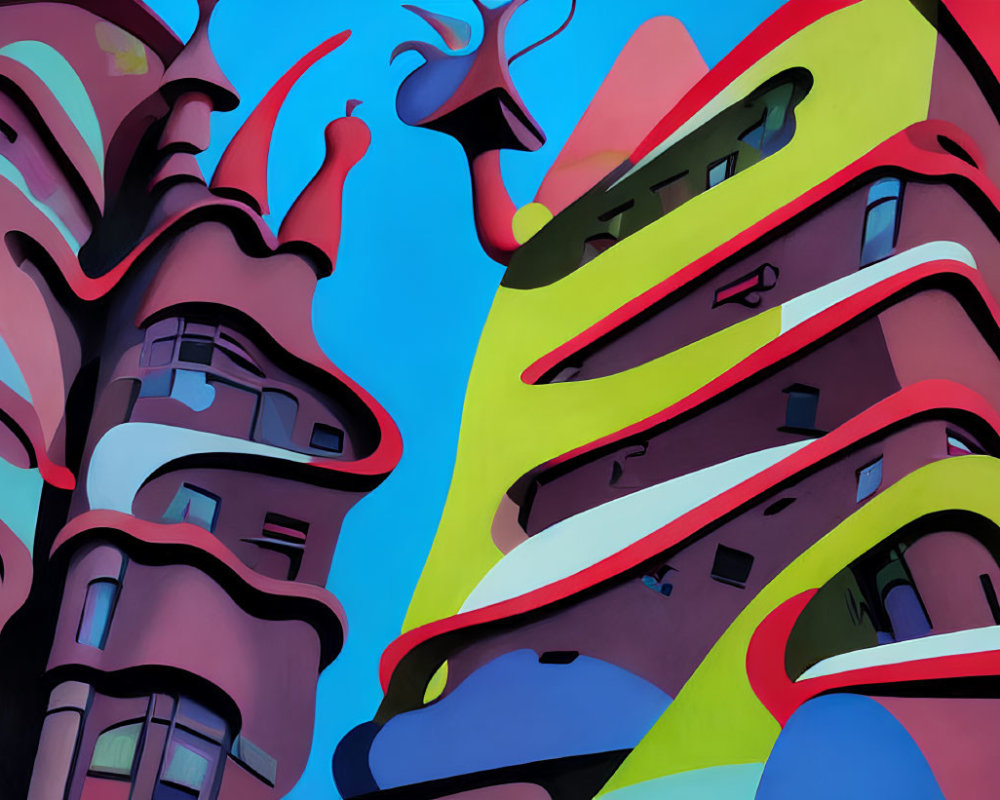 Vibrant illustration of distorted high-rise buildings against blue sky