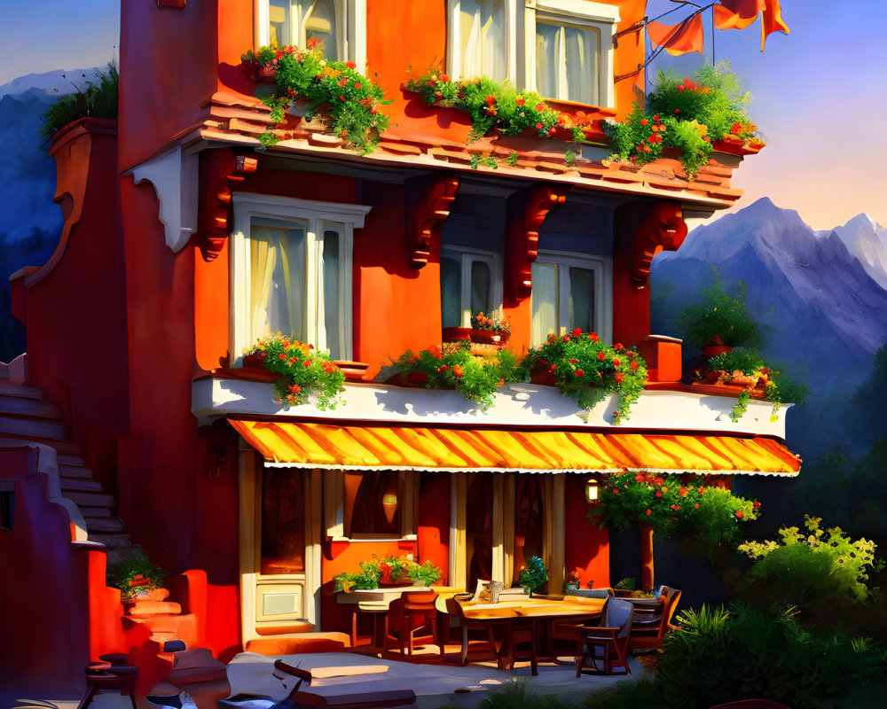 Scenic terrace cafe with red-orange walls and mountain view at sunset