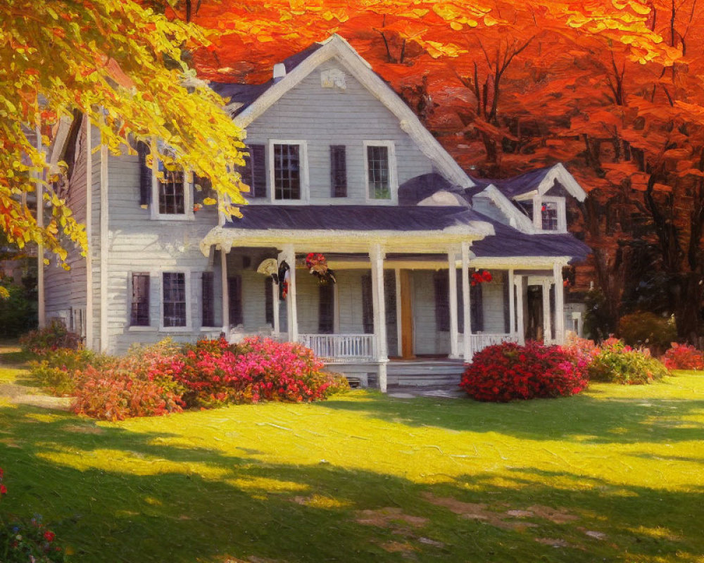 White House with Porch Surrounded by Autumn Foliage and Flowerbeds