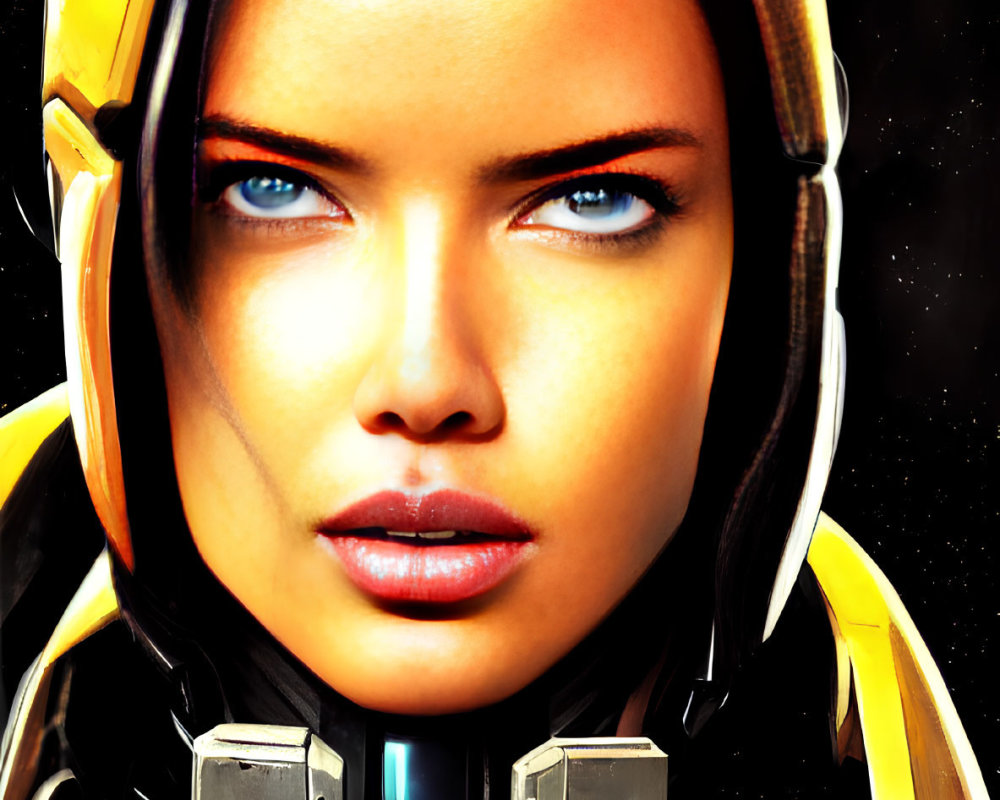 Digital portrait of woman with striking blue eyes in futuristic yellow and black helmet against dark space backdrop