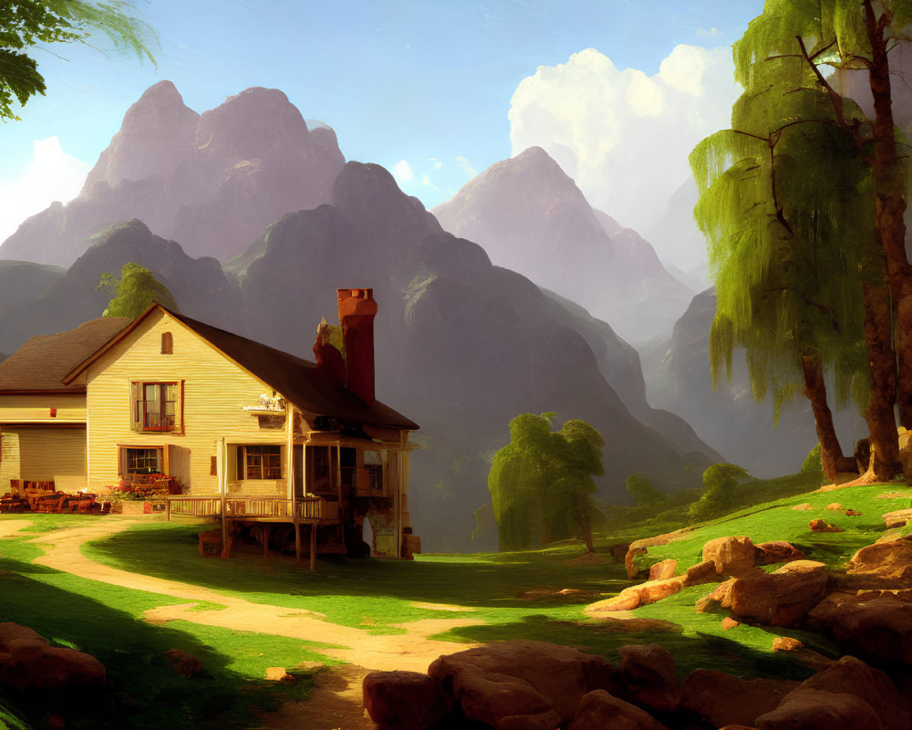 Tranquil landscape with cozy house, lush trees, clear path, misty mountains, warm sky