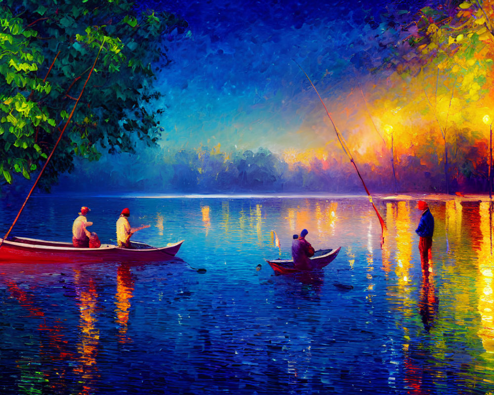 Colorful painting of people fishing on a blue river at sunset