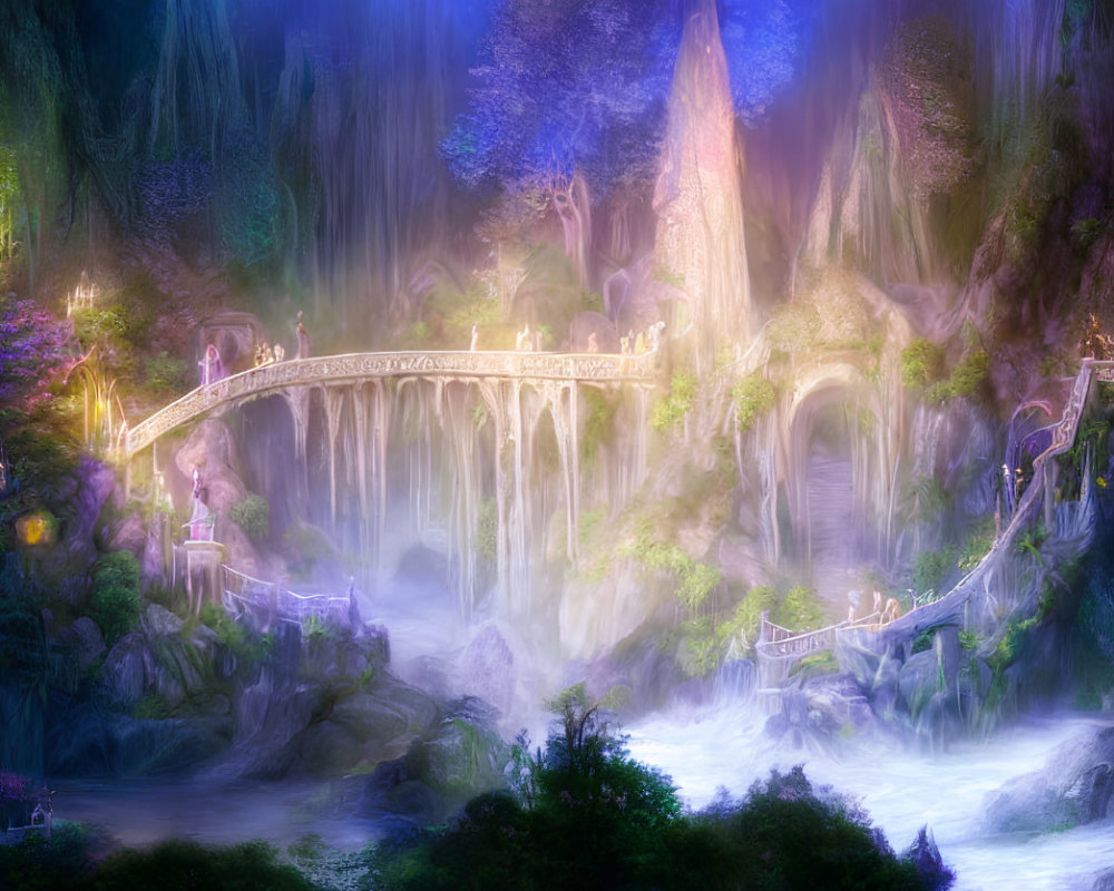 Ethereal fantasy landscape with glowing bridge over misty waterfall