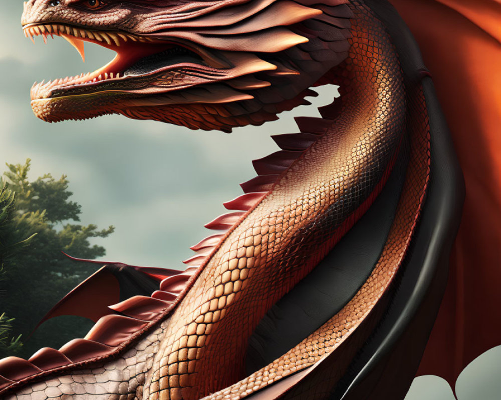 Majestic red dragon with golden spikes in forest setting