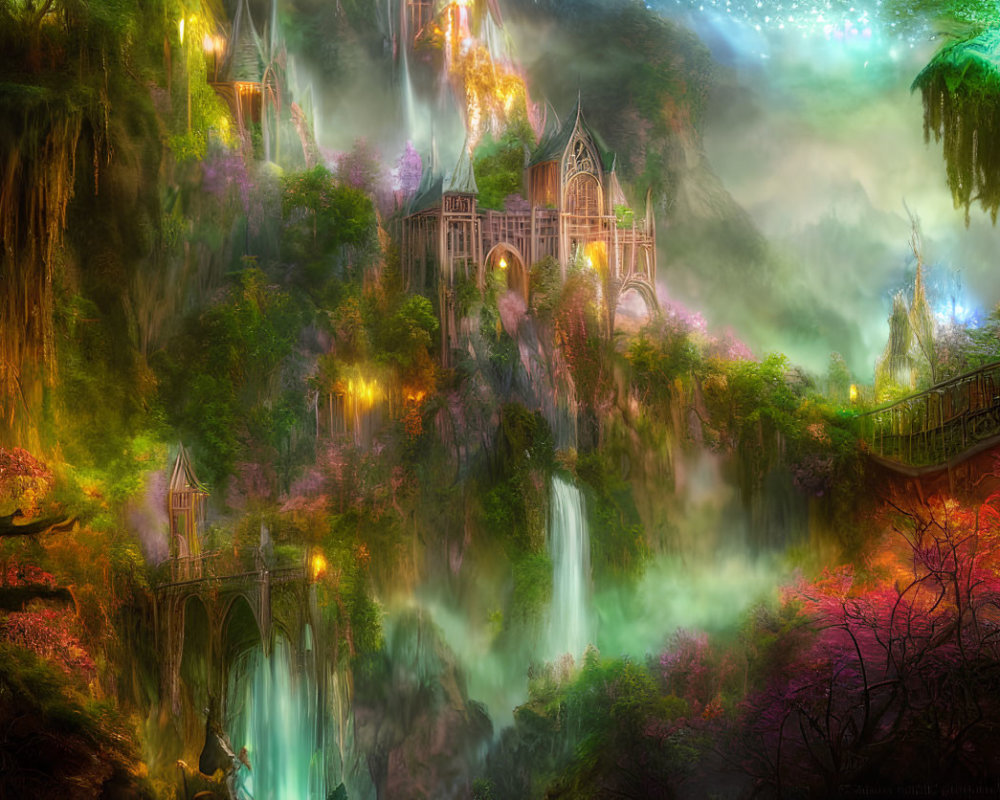 Fantasy Landscape with Waterfalls, Greenery, and Enchanting Castles