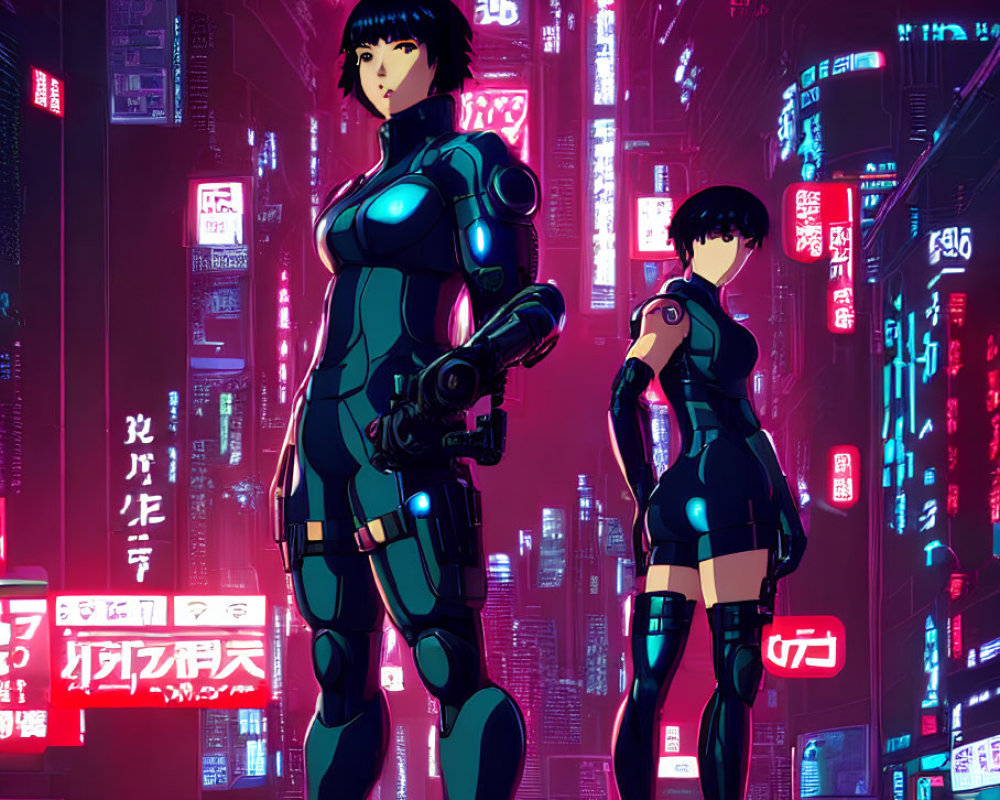 Futuristic armored animated characters in neon-lit urban setting