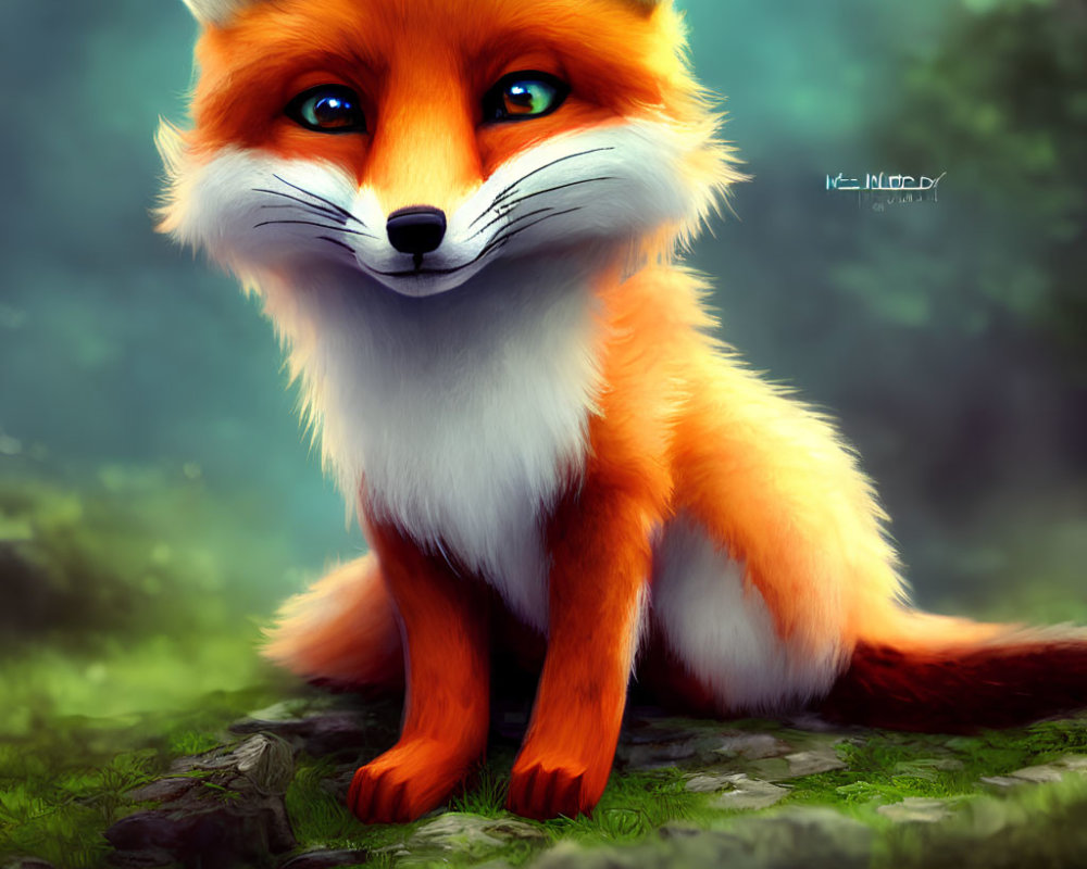 Colorful illustration of red fox with blue eyes in forest setting